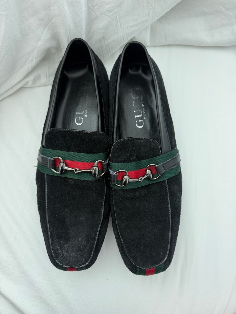 Gucci Black Suede Loafers with Red & Green Web Stripe